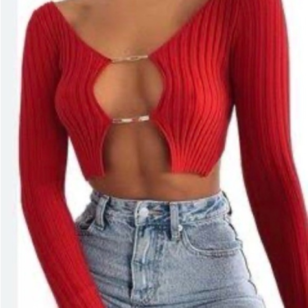 White Fox Boutique Red Ribbed Long Sleeve Crop Top
